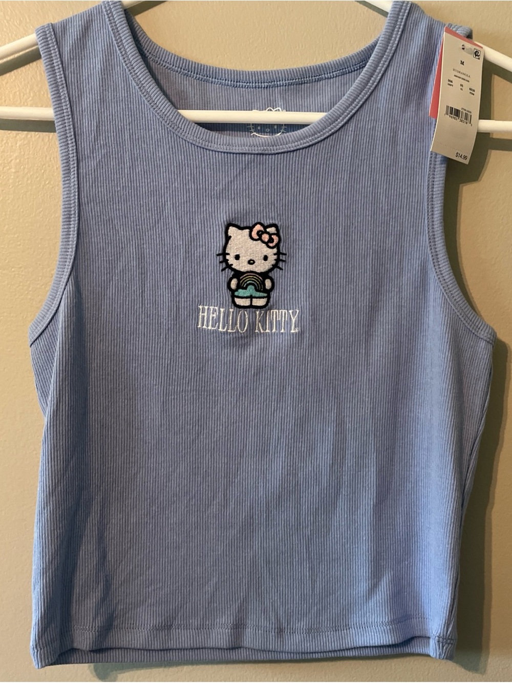 New! Hello Kitty Medium Blue Ribbed Cropped Embroidered Rainbow Kitty Tank Top